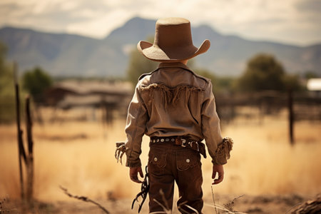 Back view cowboy boy. fashion little hat. Generate AIの素材