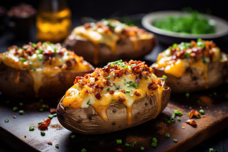 Baked potatoes inside a cooking appliance. The scene is representative of food preparation. Generate AIの素材