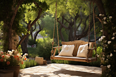 Beautiful wood swing backyard. Outdoor seat. Generate AIの素材