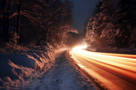 Haunting Blurry snow road middle night. Vehicle transport. Generate AIの素材