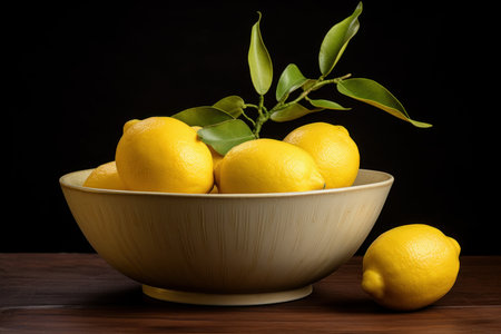 Lush Bowl fresh lemons. Wooden organic food. Generate AIの素材