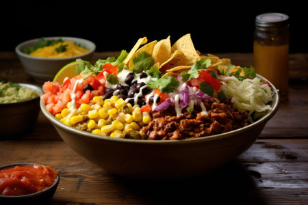 Spicy Bowl Mexican rice meat. Spice dinner. Generate AIの素材