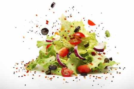 Unexpected Caesar salad falling. Plate diet dish. Generate AIの素材