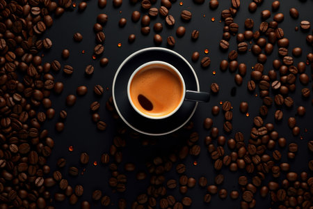 Detailed Coffee background closeup topview. Food cafe. Generate AIの素材