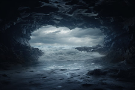 Luminous Sea wave photo from cave. Rock scenic. Generate AIの素材