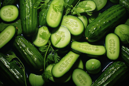 Crisp Sliced cucumber. Cooking salad. Generate AIの素材