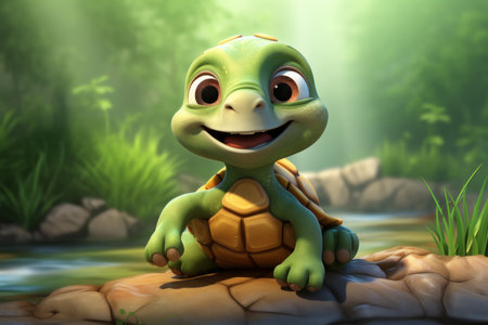 Colorful Green turtle. Cute art smile. Generate AIの素材