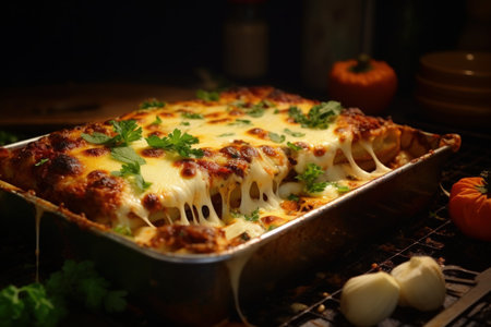Cheesy Delicious lasagnas baking. Meal cuisine. Generate AIの素材