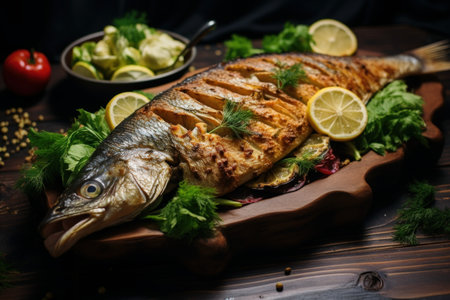 Savory Delicious crispy fish. Asian dinner meal. Generate AIの素材