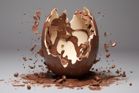 Crumbly Exploded milk chocolate egg easter. Sweet cocoa. Generate AIの素材