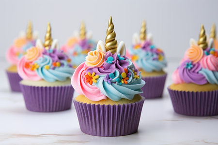 Miniature Cute unicorn cupcakes. Cup dessert sugar. Generate AIの素材