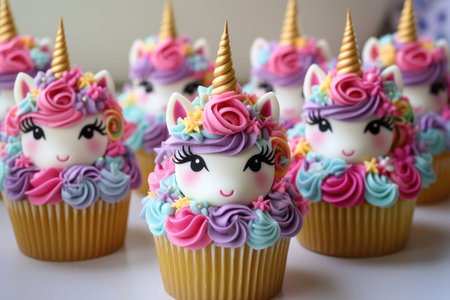 Cute unicorn cupcakes. Cup dessert sugar. Generate AIの素材