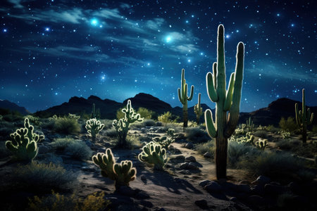 Eerie Desert cactus night. Arizona space travel. Generate AIの素材