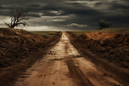 Eerie Dirt abandoned road. Nature scary forest. Generate AIの素材