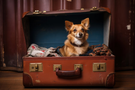 Dog sit at open suitcase. Vacation travel. Generate AIの素材