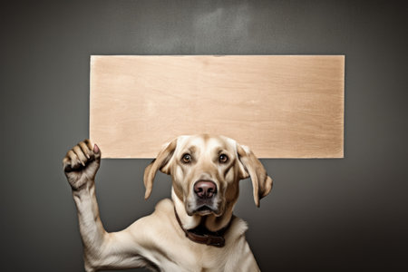 Playful Cute dog animal. Holding a poster. Generate AIの素材