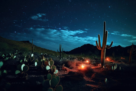 Silent Desert cactus night. Arizona space travel. Generate AIの素材