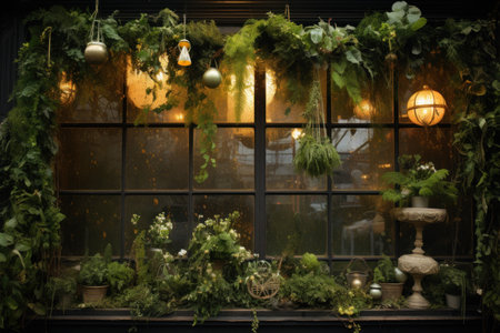 Festive Decorated window interior. Magic comfort. Generate AIの素材