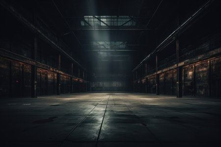 Abandoned Dark empty warehouse. Hall inside floor. Generate AIの素材
