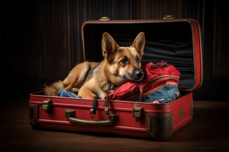 Expectant Dog sit at open suitcase. Vacation travel. Generate AIの素材