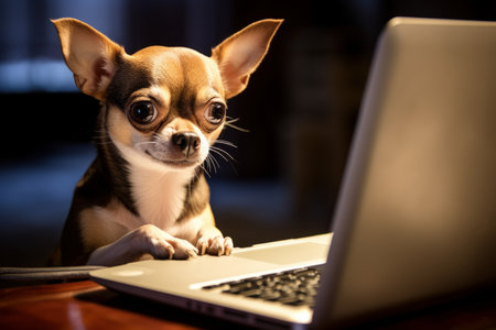 Focused Dog looking laptop. Animal cute pet. Generate AIの素材