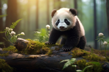 Adorable Cute baby panda. Bear park wild. Generate AIの素材
