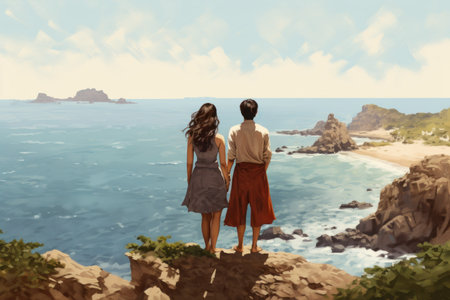 Peaceful Asian couple watch sea banner. Happy life. Generate AIの素材