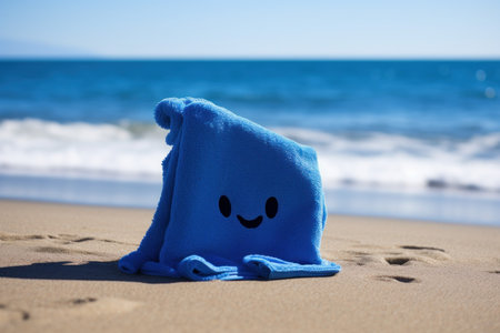 Blue towel summer beach sand. Travel space. Generate AIの素材