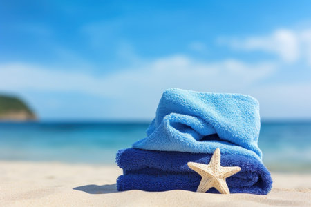 Colorful Blue towel summer beach sand. Travel space. Generate AIの素材