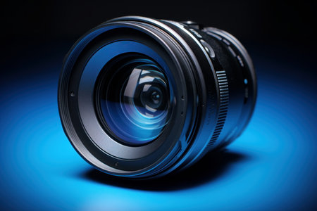 Reflective Camera lens blue. Digital media. Generate AIの素材
