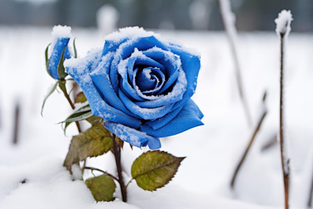 Blue rose field in snow. Petal plant. Generate AIの素材