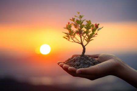 Hand holding little tree. Nature plant. Generate AIの素材
