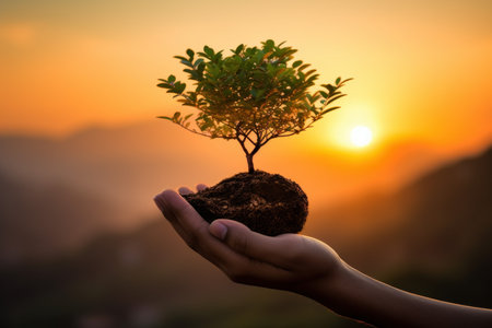Symbolic Hand holding little tree. Nature plant. Generate AIの素材