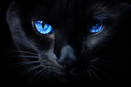 Mysterious Black cat blue eyes. Dark kitten head. Generate AIの素材