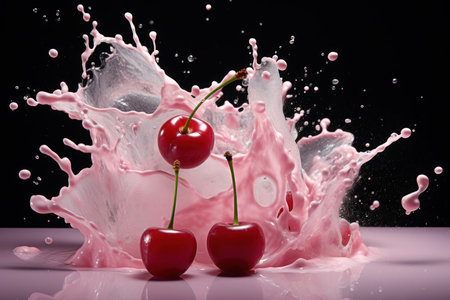 Creamy Cherry yogurt milk splash. Cream drink. Generate AIの素材