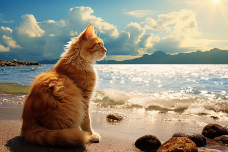Tropical Cat beach sand sunny. Clear resort. Generate AIの素材
