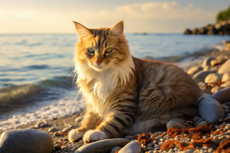 Relaxing Cat beach sand sunny. Clear resort. Generate AIの素材
