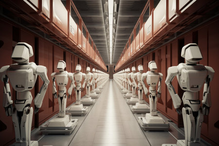 Autonomous Corridor warehouse robot. Store industrial. Generate AIの素材