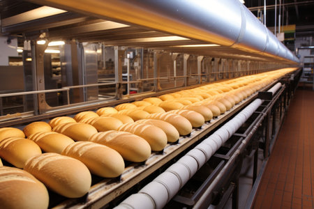 Efficient Bread bakery conveyor. Hot bake fresh. Generate AIの素材