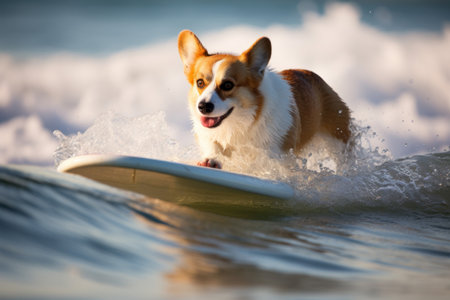 Durable Corgi surfboard. Poodle dog west. Generate AIの素材