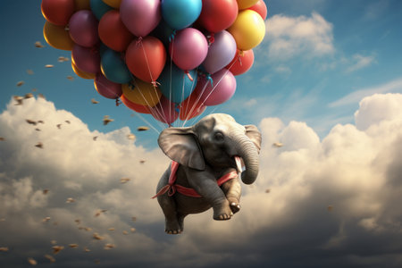 Elephant flying balloons. holiday love animal. Generate AIの素材