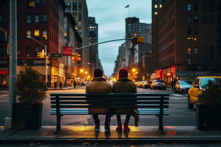 Romantic Couple bench city. Date nature pair. Generate AIの素材