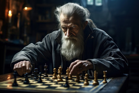 Thoughtful Elder man home chess. Thinking senior. Fictional person. Generate AIの素材