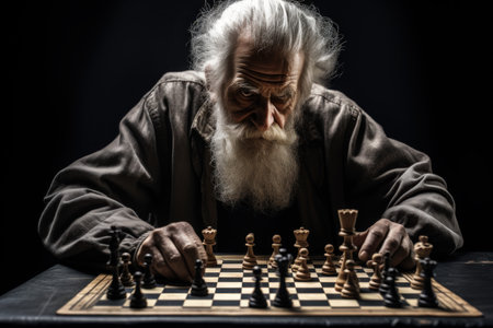 Elder man home chess. thinking senior. fictional person. Generate AIの素材