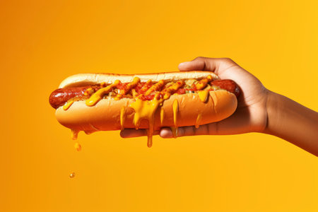 Warm Hand take hotdog. Sausage food. Generate Aiの素材