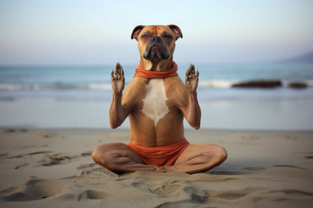 Humorous Funny yoga dog. Calm pose meditate. Generate Aiの素材