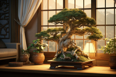 Picturesque Bonsai art tree room. Chinese garden. Generate Aiの素材