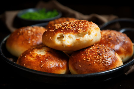 A healthful assortment of meals is presented on the table, including baked stuffed buns. The setup seems to encourage good nutritional habits. Generate Aiの素材