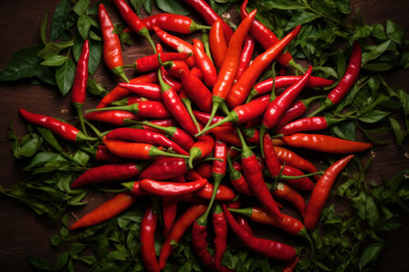 Varied Chili peppers top view background. Spice mexico. Generate Aiの素材