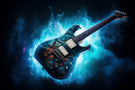 Captivating Electric blue guitar background. Sound wood. Generate Aiの素材